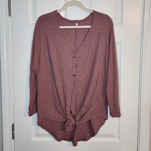 EUC soft mauve pink waffle knit tie front top size large